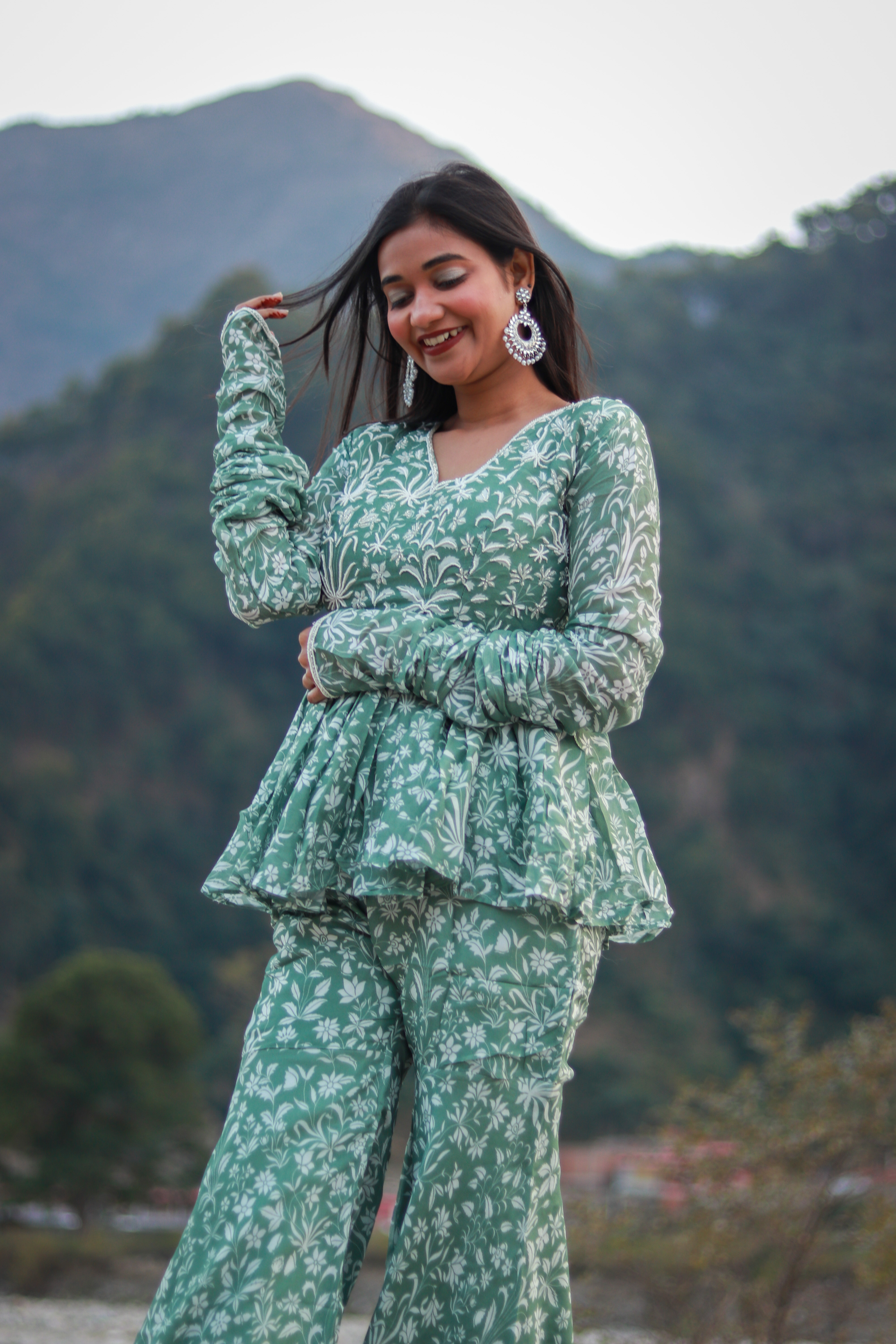 Shop Embroidered Peplum Olive Green Sharara Dress Online